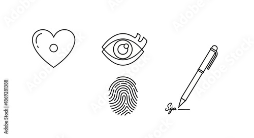 Digital security, biometrics, identity, privacy, and electronic signature line art icons set on white