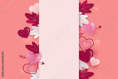 Valentine's Day Background with Pink Hearts, Arrows and Vertical Text Frame with Copy Space
