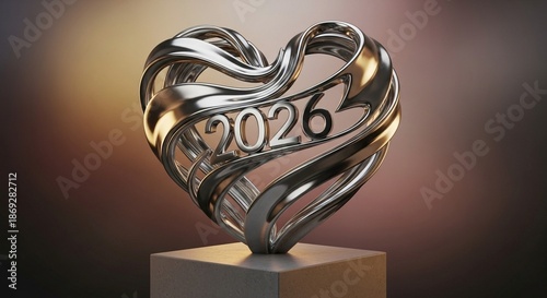 Shiny metallic heart shape with 2026 engraved on it