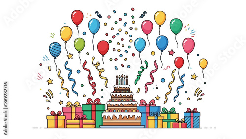 Colorful Birthday Cake Gifts and Balloons Celebration.
