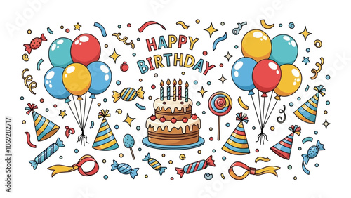 Colorful Birthday Cake and Party Decorations.