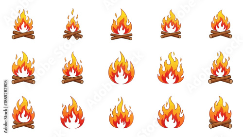 Collection of Campfire Flames on White Background.