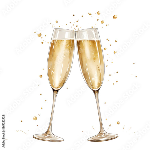 two glasses of champagne isolated on white, watercolor illustration, Generative AI