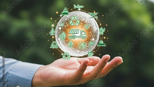 Hand Holding Glowing Eco Transportation Sphere with Sustainable Mobility Icons