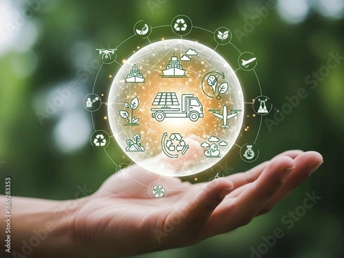 Hand Holding Glowing Eco Transportation Sphere with Sustainable Mobility Icons
