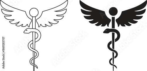 Caduceus and rod of Asclepius medical icon set. Snake entwined around a staff with wings for pharmacy and healthcare symbols, Various outline and solid black silhouette vector illustration.