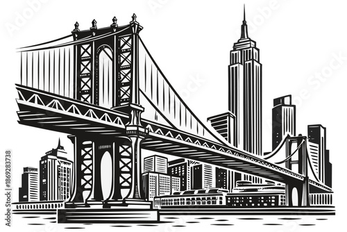 Brooklyn Bridge Illustration with New York City Skyline, Iconic NYC Landmark Vector. Vector Engineering Bridge Illustration.