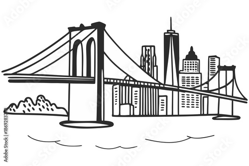Brooklyn Bridge Illustration with New York City Skyline, Iconic NYC Landmark Vector. Vector Engineering Bridge Illustration.