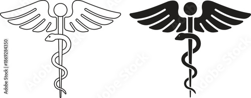Caduceus and rod of Asclepius medical icon set. Snake entwined around a staff with wings for pharmacy and healthcare symbols, Various outline and solid black silhouette vector illustration.