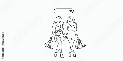 Minimalist Line Art of Two Fashionable Women Carrying Shopping Bags with Search Bar Icon