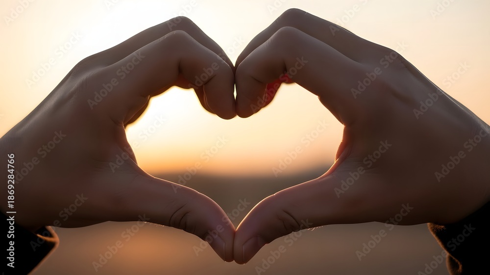 Obraz premium Hands forming heart shape against sunset background