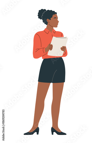 African American business woman in professional attire standing full length, holding documents. Flat minimalist illustration isolated on transparent background.