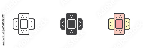 Medical adhesive plaster first aid icon set. Line and solid icon style, outline vector sign and symbol with editable stroke for healthcare icon use.