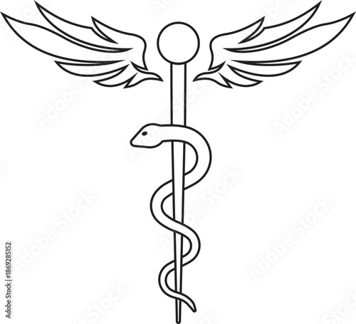 Caduceus and rod of Asclepius medical outline icon. Snake entwined around a staff with wings for pharmacy and healthcare symbols, Isolated on transparent background. Vector illustration.