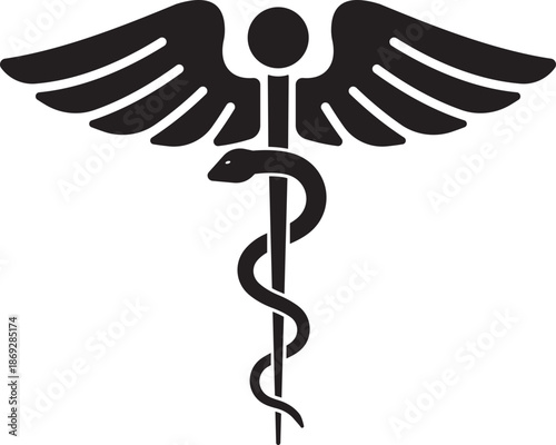 Caduceus and rod of Asclepius medical icon. Snake entwined around a staff with wings for pharmacy and healthcare symbols, Isolated on transparent background. Vector illustration.