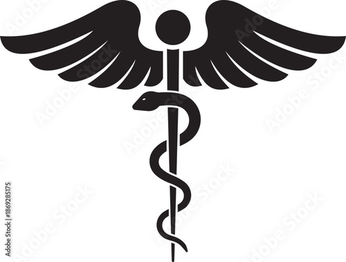 Caduceus and rod of Asclepius medical icon. Snake entwined around a staff with wings for pharmacy and healthcare symbols, Isolated on transparent background. Vector illustration.