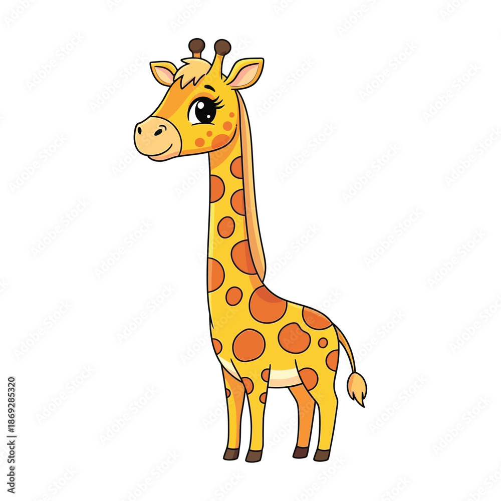 Obraz premium An illustration of a smiling giraffe standing alone on a white background.