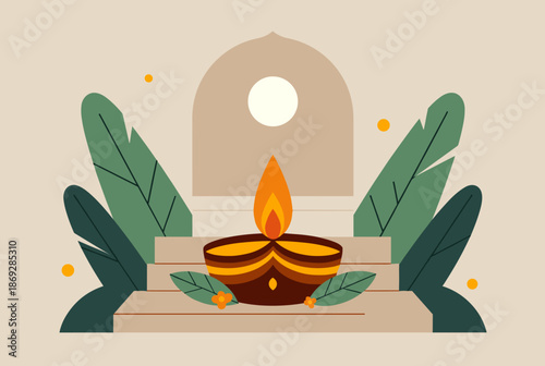 Flat illustration of a traditional Indian diya lamp on steps with large leaves and an archway in the background, symbolizing a festival.