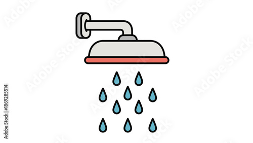 Shower head with water drops falling, cartoon illustration