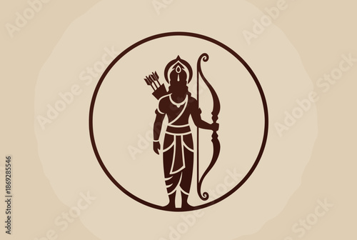 Minimal emblem of Lord Rama holding a bow, representing dharma, heroism, devotion, and divine authority.
