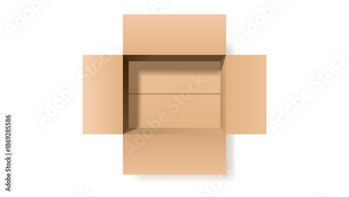 Open cardboard box top view, realistic vector packaging mockup