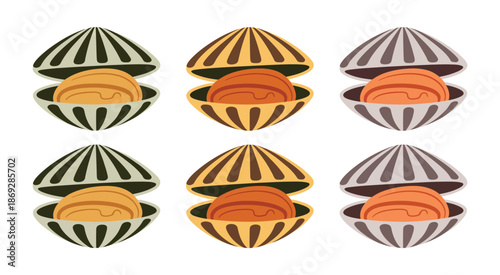 set of six stylized open sea scallops in colorful striped shells in modern flat design style, a premium ranked illustration set showcasing vibrant marine life, flat graphic style, and playful ocean