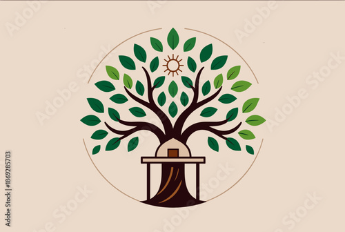 A stylized illustration of a vibrant green tree with an altar at its base and a sun above, encircled on a light background.