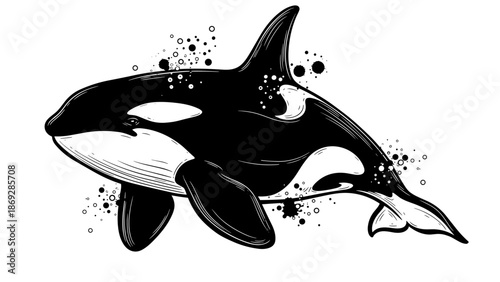 Monochrome Orca ink drawing portrays majestic killer whale in Japanese style, expressive brush strokes depict fluid motion. Orca ink drawing created with bold black ink on white paper,