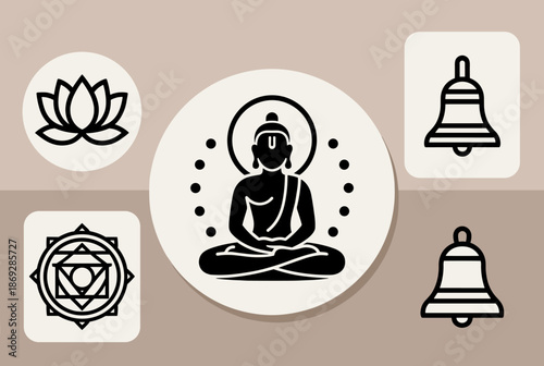 A collection of spiritual and religious icons including Buddha, lotus flower, mandala, and bells, representing meditation and mindfulness.
