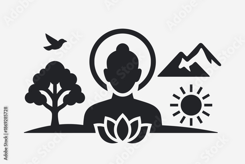Black and white icon depicting a meditating figure with a halo and lotus flower, surrounded by nature elements like a tree, bird, mountains, and sun, symbolizing peace and spirituality.