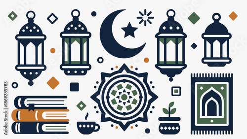 A collection of Islamic cultural and religious symbols including lanterns, crescent moon, star, books, and a prayer mat.