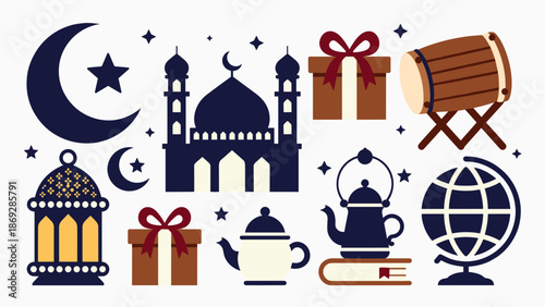 A collection of flat design icons representing Islamic culture, Ramadan, and Eid al-Fitr celebrations, including a mosque, crescent moon, lanterns, gifts, and traditional items.