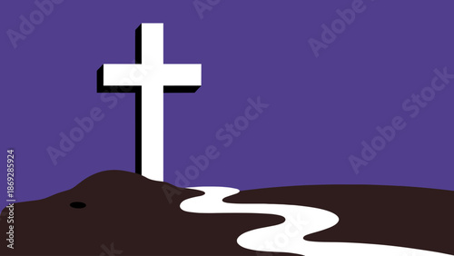 A white Christian cross stands prominently on a dark brown hill with a winding white path leading up to it against a solid purple background.