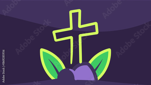 A stylized green cross with leaves rising from a purple mound against a dark background, symbolizing remembrance or a grave.