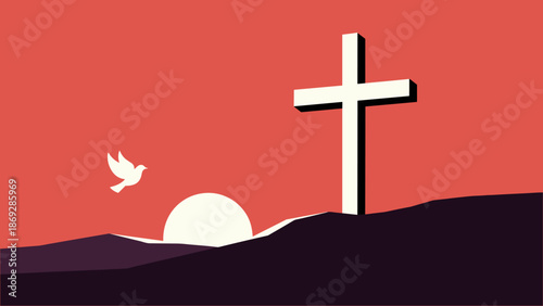 A serene illustration of a white Christian cross on a hill, with a dove flying towards a bright sun against a vibrant red sky, symbolizing peace and faith.