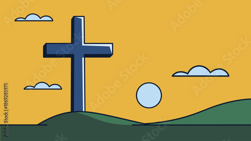 A minimalist illustration of a blue cross on a green hill under an orange sky with clouds and a sun.