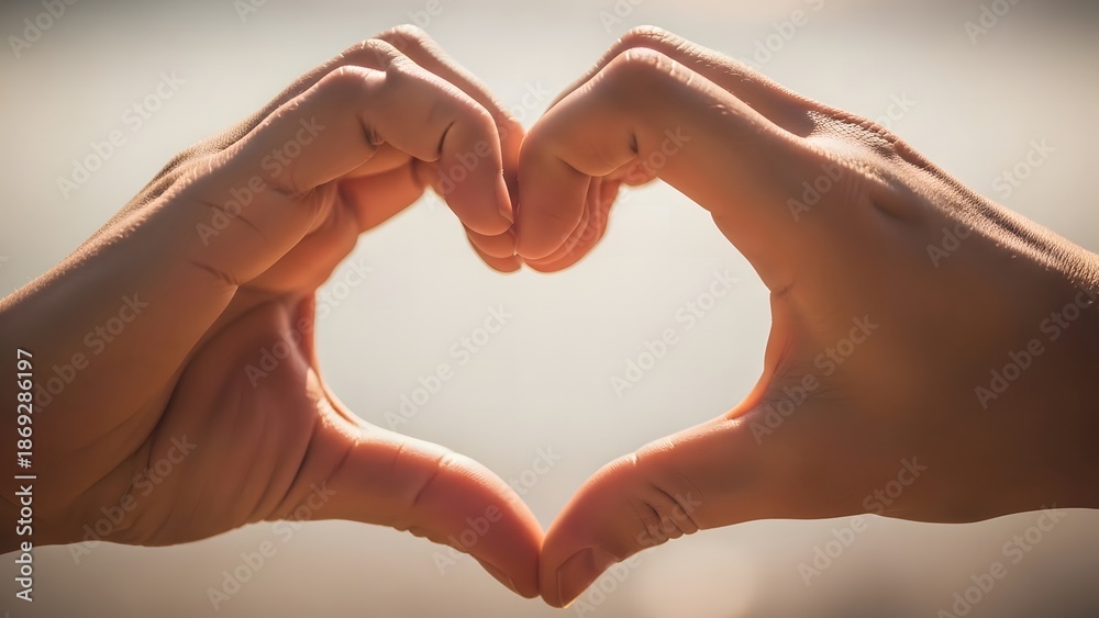 Fototapeta premium Hand making heart shape with fingers against bright sky