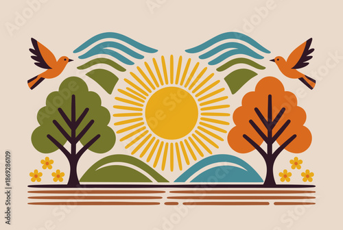 Stylized graphic illustration of a vibrant natural landscape with a radiant sun, two trees, flying birds, and rolling hills.