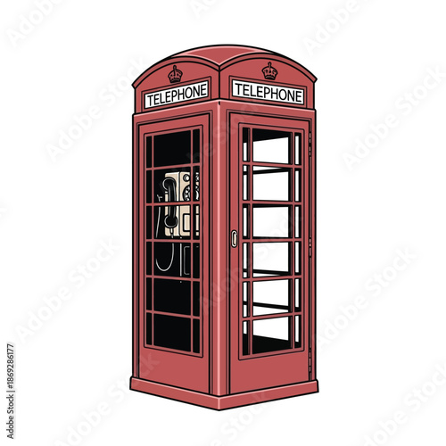 Illustration of a classic red telephone booth with glass panels and crown details.