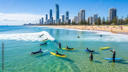Aerial view of surfers learning on a sunny coastal city beach, a dynamic visual work.