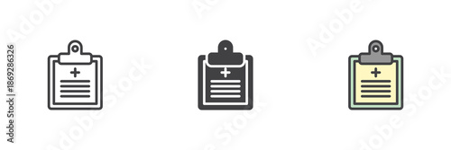 Medical clipboard with checklist icon set. Line, outline and solid icon style, editable stroke vector sign and symbol for healthcare icon documentation use.