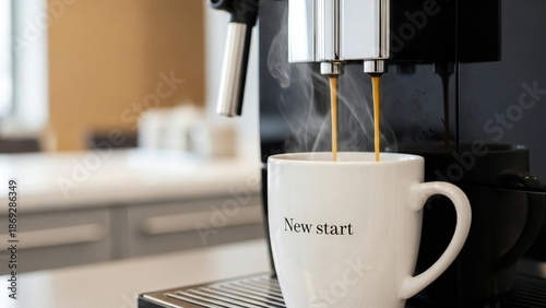 Steaming coffee brewing into a 'New start' mug, symbolizing a fresh day of work in a modern office kitchen
