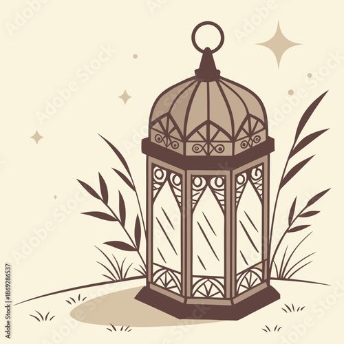 Ornate Eid Lantern with Glowing Light Flare and Soft Shadows