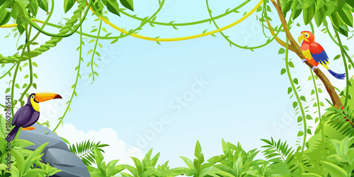 Tropical rainforest scene with vibrant parrots toucan and lush green foliage