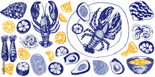 A charming blue and yellow illustration of seafood and citrus fruits