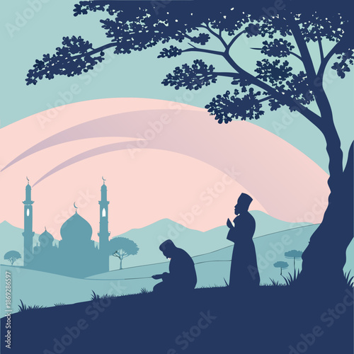 Muslim Eid Prayer Silhouette at Dawn with Gradient Sky
