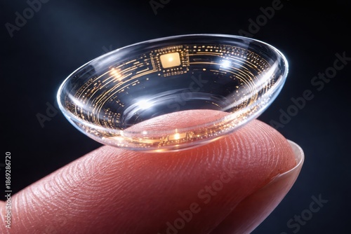 Futuristic Smart Contact Lens with Microchip and Sensors on Fingertip Augmented Reality Concept