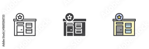 Police station building law enforcement icon set. Line and solid icon, outline vector sign and symbol with editable stroke for security icon use.
