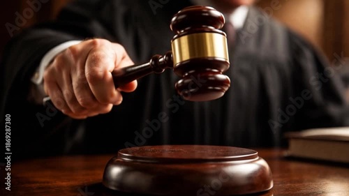 Hand of  judge hitting sound block with wooden gavel while announcing start of court hearing.
