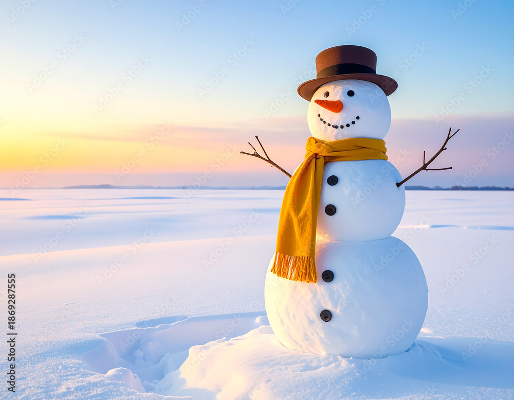 Obraz premium Snowman Wearing Hat And Scarf In Snowy Landscape At Sunset
